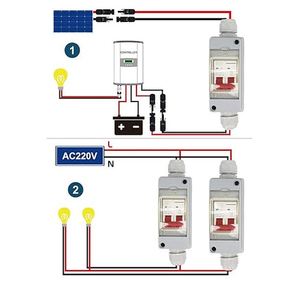 Focket 32A 500V PV DC Disconnect Switch, MCB 2P Solar Current Sink Load Switching Air Miniature Circuit Breaker with IP65 Waterproof Distribution Box for Panel (with Cable and Connector)
