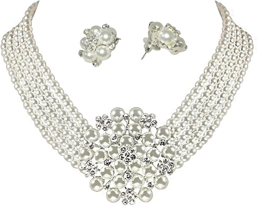Audrey Hepburn Style Faux Pearl Necklace Set Strand Ear clip or Stud Pin on Earrings for selection Wedding Inspired by Breakfast at Tiffany's for Women LFFJ036