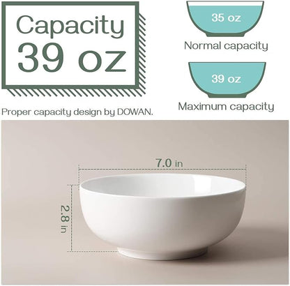 DOWAN Soup Bowls, Ramen Bowl for Noodle, 39 Ounce large Cereal Bowls for Kitchen, 7 Inches Salad Bowls, Microwave and Dishwasher Safe, White