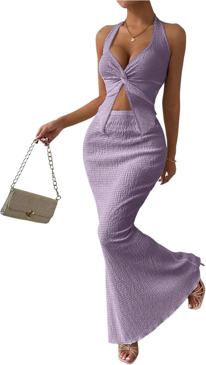 SOLY HUX Women's Two Piece Outfits Twist Front Halter Cami Tops and Skirt Summer Set