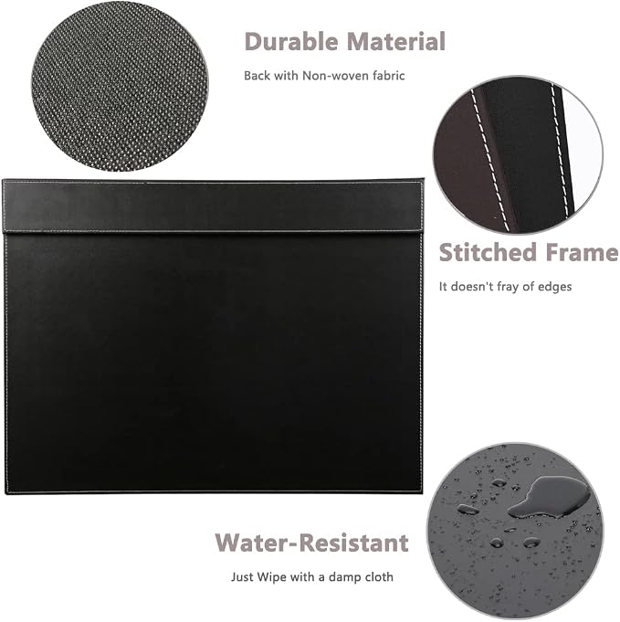 Ultra-Smooth PU Leather Desk Pad & Mat Office Desk Drawing & Writing Board A3/ A4 File Paper Clip Table Protector Mat on Top Large 24''x18'' (Black) (Item has minor cosmetic scratches)