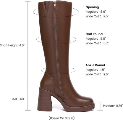 Size 6 Athlefit Knee High Boots Women Wide Calf Platform Boots with Side Zipper | PU/Suede, 3.68" Chunky Heel, 5mm Cushion, Square Toe, Stylish for Fall/Winter, Work, Travel, Party, City Walks, Womens Boots