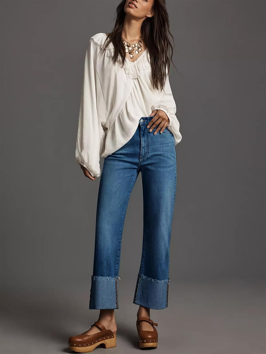 KUNMI Women's Wide Leg Jeans High Waisted Straight Leg Stretchy Denim Pants with Pockets
