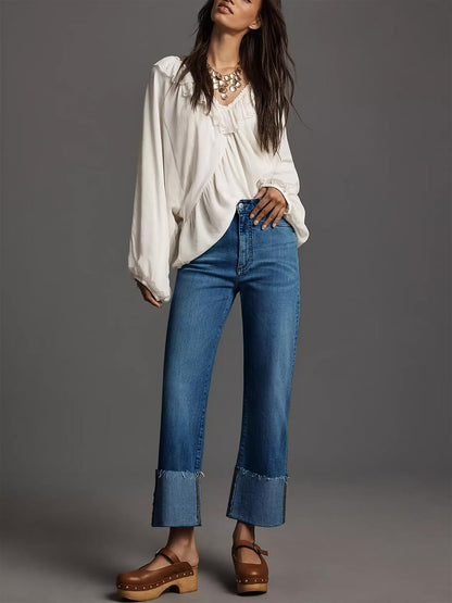 KUNMI Women's Wide Leg Jeans High Waisted Straight Leg Stretchy Denim Pants with Pockets