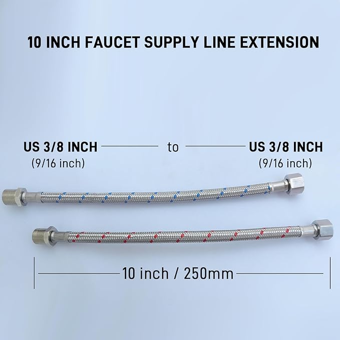 Faucet Water Supply Lines Extension, 10 Inch, 2-Pack 38" Male to Female Faucet Hose Extender for Bathroom Kitchen, Braided Stainless Steel