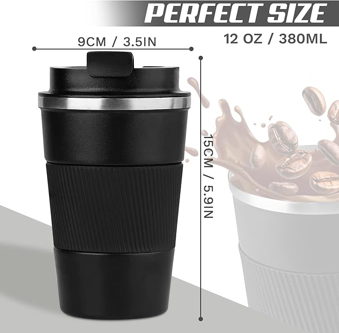 Vacuum-Insulated Stainless Steel Travel Coffee Mug, Leak-Proof Reusable Coffee Cup with Lid - Keep Hot  Cold Drinks for Hours, Durable Thermos Tumbler for Men  Women (3rd-Black, 12OZ)