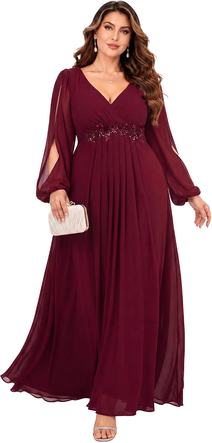 Ever-Pretty V Neck Long Sleeves Applique Chiffon Plus Size Long Ball Gown Formal Evening Dress for Women