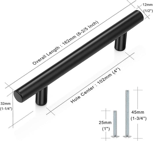 Probrico 5 Pack4 Inch Flat Black Dresser Pulls Cabinet Handles,Stainless Steel Euro Bar Cabinet Handles Dresser Pulls for Kitchen Closet Cupboard Wardrobe,Total Lenght:162mm(6-45 Inch)