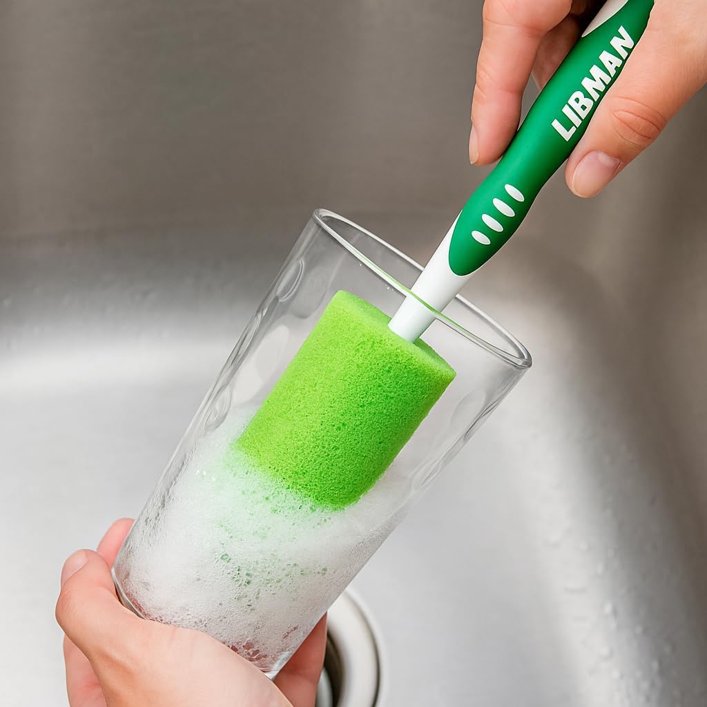 LIBMAN Sponge Bottle Brush - 3 Pk Glass & Dish Sponge with Handle - Bottle Cleaner for Cleaning Glasses, Cups, Dishes, pots