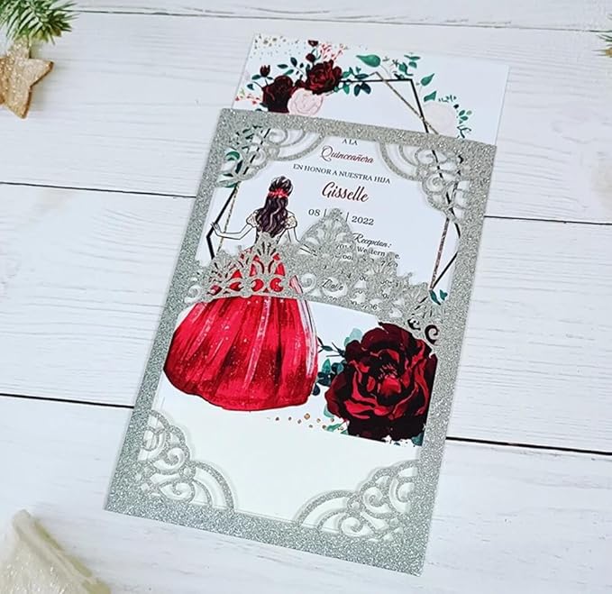 50 Pieces 5  7 Inch Crown Personalized Print Laser Cut Pocket Wedding Card Invitation Gold Silver Glitter Sweet 15 Quinceanera Invites (Silver)