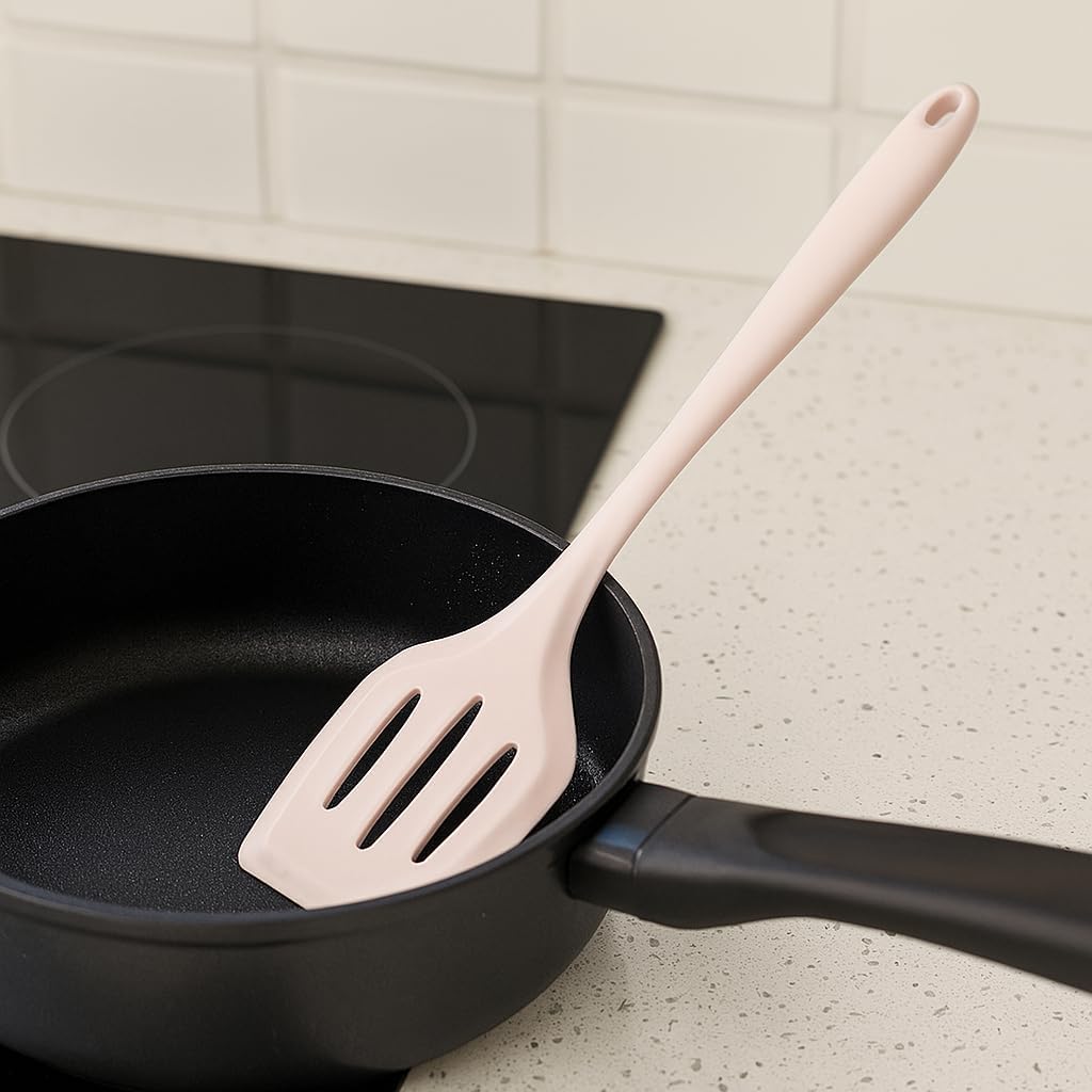 Nonstick Silicone Cooking Spatula, Heat Resistant Stir Fry Turner, One-Piece Food Grade Spatula for Kitchen Use (Taupe-light brown)