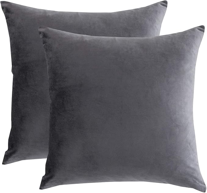 RainRoad Velvet Decorative Throw Pillow Covers Cushion Cover Pillow Case for Sofa Couch Bed Chair,Soft Square Gray Throw Pillows 18x18 Inch,Set of 2