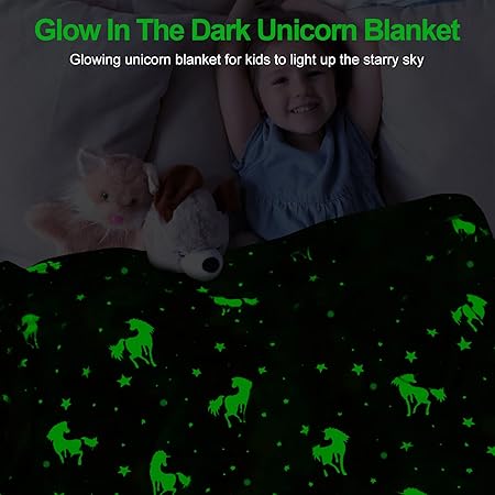 Unicorn Glow in The Dark Blanket for GirlsKids Age 3-12, Soft Fleece Throw - 40"x60"