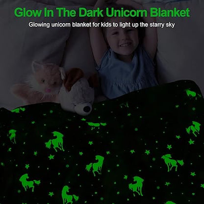 Unicorn Glow in The Dark Blanket for GirlsKids Age 3-12, Soft Fleece Throw - 40"x60"