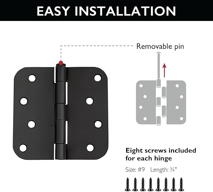 2-Pack 4-Inch x 4-Inch Interior Door Hinges with 5/8-Inch Radius, Matte Black, Heavy Duty Steel Construction, Left- or Right-Handed – Design House, 188979
