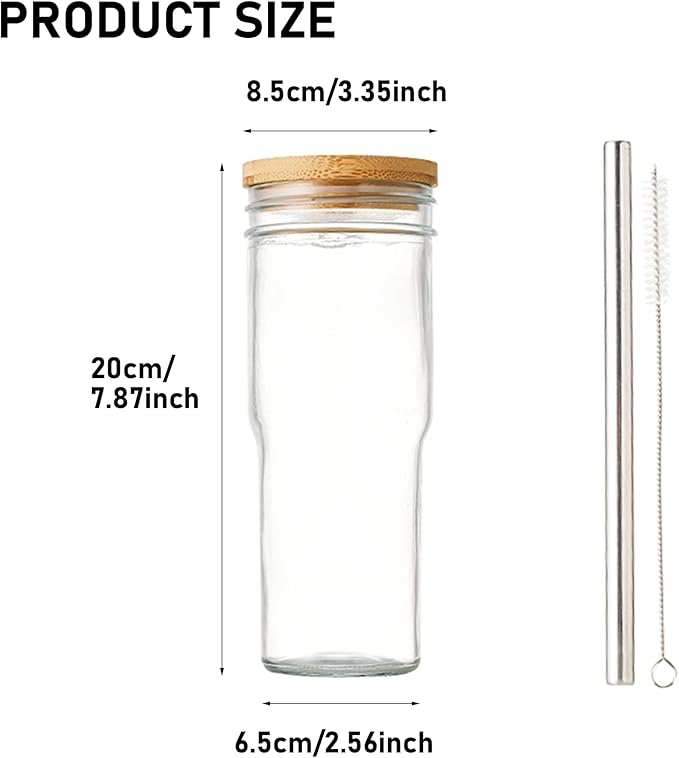 Glass Cups with Lids and Straws - 24oz Clear Glass Coffee Cups, Glass Tumbler Cute Drinking Glasses for Jumbo Smoothie, Bubble Tea, Cold Brew, Soda