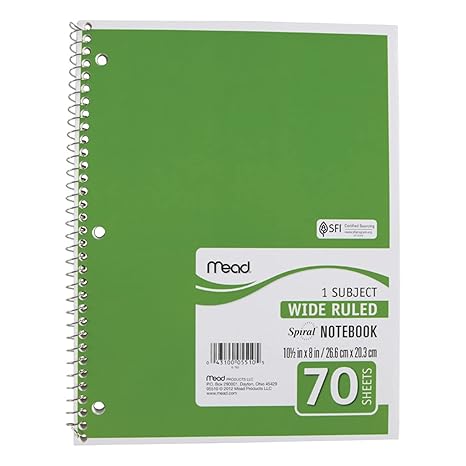 Mead Spiral Notebook,1-Subject,Wide Rule,70 Sh,10-12"x8",Ast. (Units per case: 21)