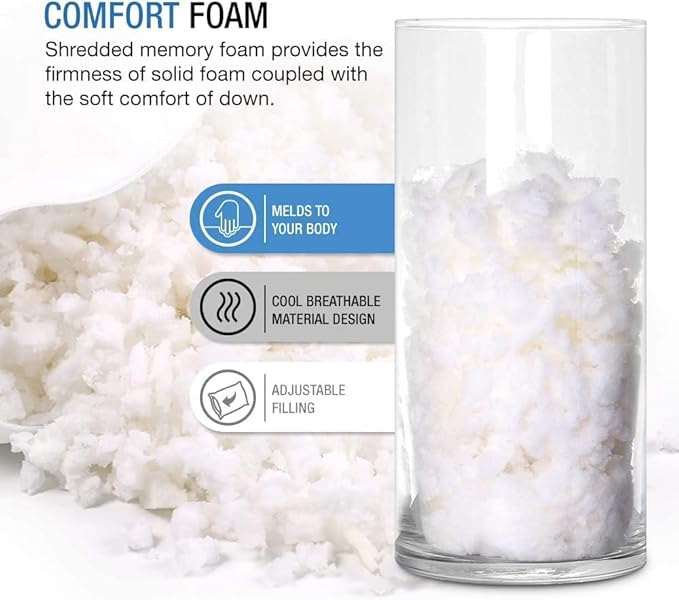 Dream Rite Shredded Memory Foam Pillow Series Luxury Adjustable Loft Home Pillow Hotel Collection Grade Washable Removable Cooling Bamboo Derived Rayon Cover- Queen 1 Pack