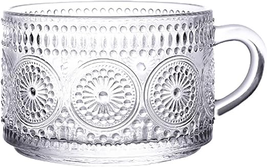 RAZURE Vintage Glass Coffee Mug Milk Cup, Clear Embossed Breakfast Cups Oats Containers, Drinking Glass Cups Gift for Women Office Personal(Clear 400ml)