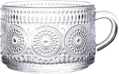 RAZURE Vintage Glass Coffee Mug Milk Cup, Clear Embossed Breakfast Cups Oats Containers, Drinking Glass Cups Gift for Women Office Personal(Clear 400ml)