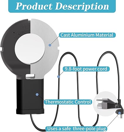 250 Watt Pond De-Icer with Thermostat, Cast Aluminum Submersible Bird Bath Heater, Heated Chicken Water, Power Cord 9.8 Ft