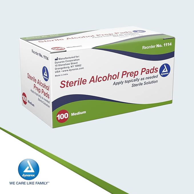 Dynarex Alcohol Prep Pads, Medical-Grade and Non-Woven Prep Pads, Saturated with 70% Isopropyl Alcohol, Rapid-Acting Antiseptic Wipes, 1-Ply, Medium, 1 Box of 100 Alcohol Prep Pads