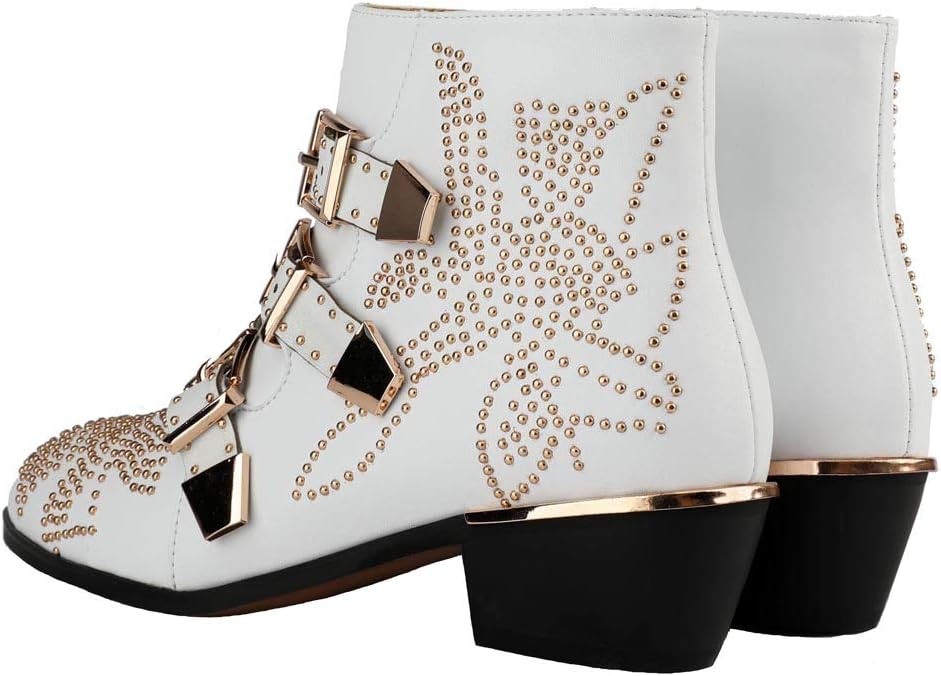 Size 8-8.5 Arqa Women's Studded Ankle Boots Leather Multiple Buckle Chunky Heel Booties Almond Toe Zipper Punk Boot