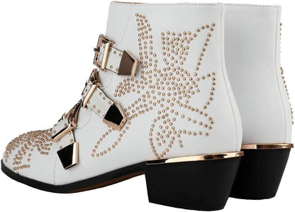 Size 8-8.5 Arqa Women's Studded Ankle Boots Leather Multiple Buckle Chunky Heel Booties Almond Toe Zipper Punk Boot