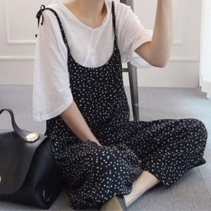 Wide leg jumpsuit, women's polka dot suspender, cropped pants, casual loose overalls