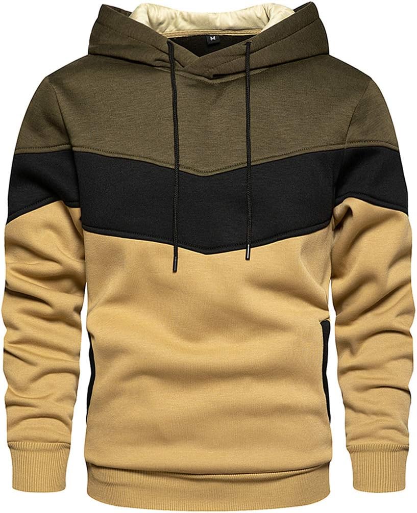 Mens Hoodies Pullover Color Block Fleece Long Sleeve Sweatshirt Tops with Pocket