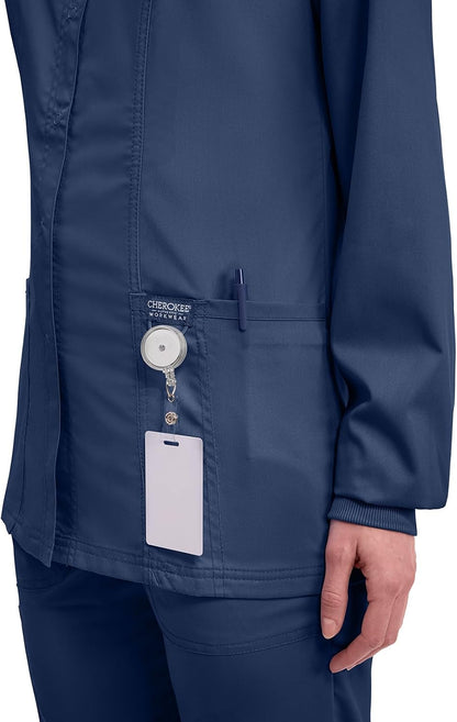 Cherokee Womens Scrub Jacket Nurse Snap Front Medical Uniform with Pockets, 2-Way Stretch, Easy Care Soft Fabric - WW310