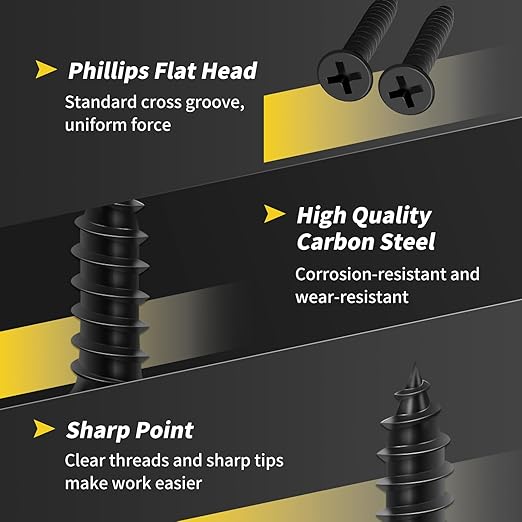 Wood Screws 1 Inch, 130 PCS FIXLINK Premium Flat Head Phillips Black Wood Screws, Self Tapping Electrophoresis Used in Indoor Furniture, Woodworking (8 x 1)