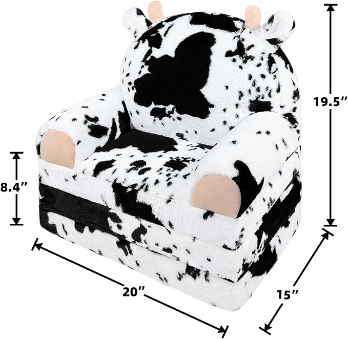Toddler Chair Plush with Removable Cover, 2-in-1 Toddler Couch Fold Out, Cow Shell, Comfy Couch for Kids Over 18 Months, Kids Furniture for Bedroom, Playroom?Cow?