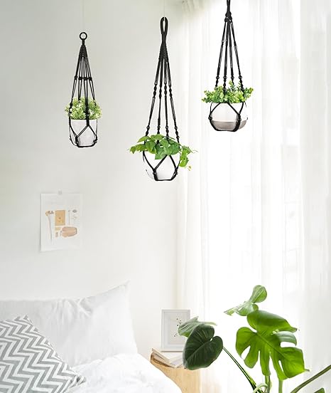 Mkono 3 Pack Macrame Plant Hangers Indoor Different Size Hanging Planter Basket Flower Pot Holder with Beads No Tassels 35"29"23", Medium, Black