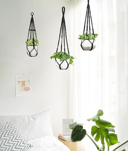Mkono 3 Pack Macrame Plant Hangers Indoor Different Size Hanging Planter Basket Flower Pot Holder with Beads No Tassels 35"29"23", Medium, Black
