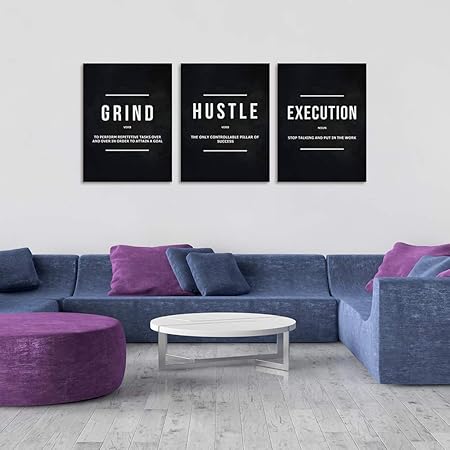 Motivational Office Wall Decor Inspirational Success Canvas Wall Art Hustle Posters Prints Entrepreneur Quote Wall Picture Paintings 3 Pieces Artwork Home Bedroom Framed Easy to Hang(36Wx16H)
