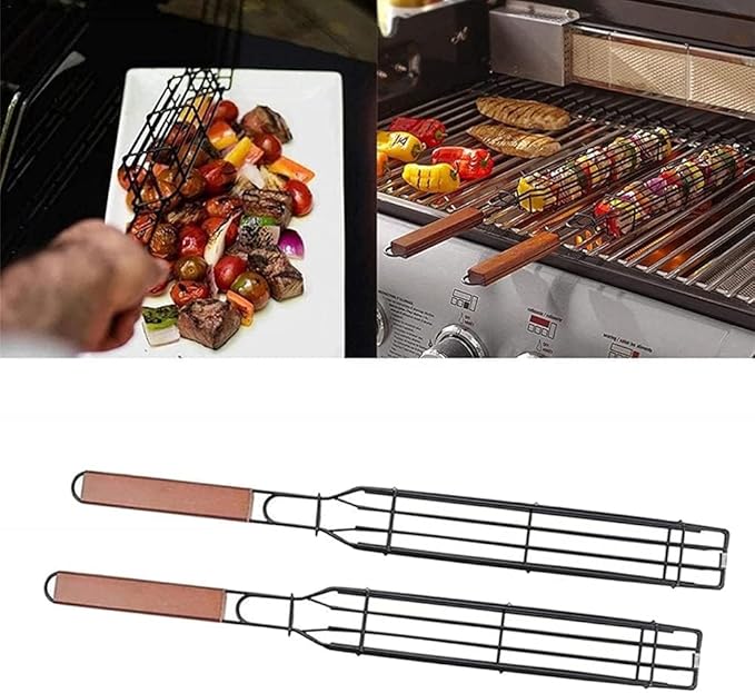 Barbecue Basket Durable Convenient Grill Basket with Long Wooden Handle Stainless Steel Grill Tray for Vegetable Fried Sausage Meat