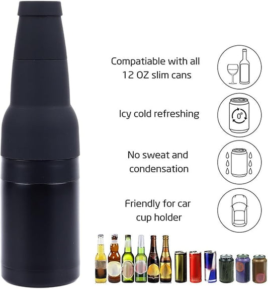 Stainless Steel Beer Can Cooler, 3 in 1 Frosty Beer Bottle Insulated Vacuum Cup Cooler with Beer Opener Cans Coffee Accessories for Bottle Cool 12oz