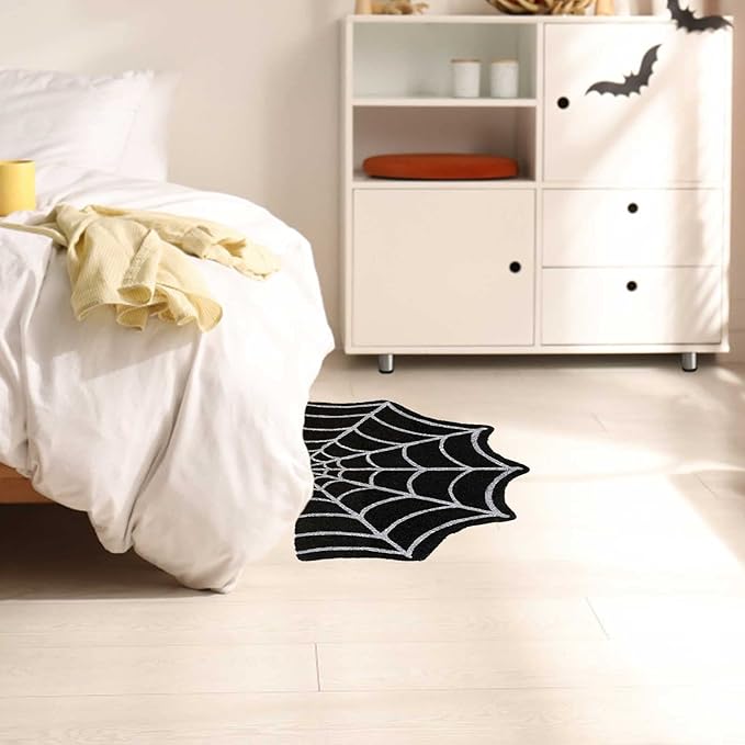 Spider Web Indoor Halloween Rug Black Kitchen Rugs Goth Bath Mat Spooky Non Slip Doormats Fall Thanksgiving Rugs for Indoor Outdoor Entrance (Black)