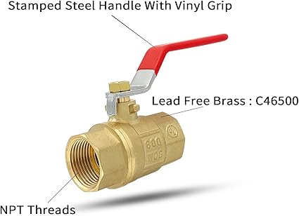 Brass 34" Full Port Ball Valve with Red Vinyl Handle, NPT Female x Female Thread,150 PSI WSP600 WOG (34"),1 pack