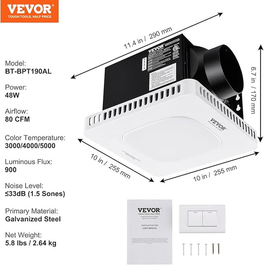 VEVOR Bathroom Exhaust Fan, 80 CFM High-Efficiency Ventilation, 1.5sones Low Noise Operation All-Copper Motor, Energy-Saving Bathroom Ceiling Fan, Attic Access Needed
