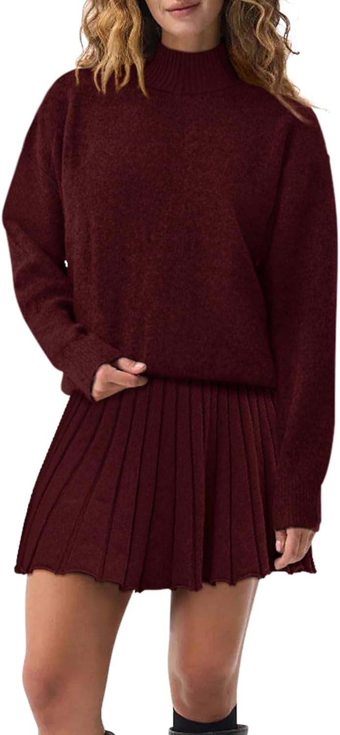 COCCKO Women's Two Piece Outfits Turtleneck Long Sleeve Ribbed Knit Tops Pleated Mini Skirt 2026 Casual Sweater Sets.