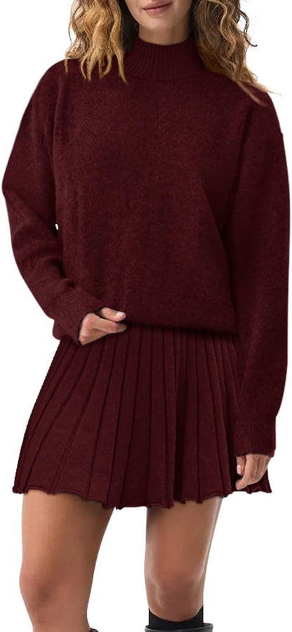 COCCKO Women's Two Piece Outfits Turtleneck Long Sleeve Ribbed Knit Tops Pleated Mini Skirt 2026 Casual Sweater Sets.