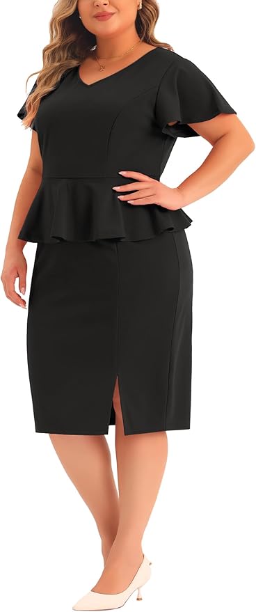 Agnes Orinda Plus Size Work Dress for Women V Neck Short Sleeve Ruffle Church Business Peplum Pencil Dresses