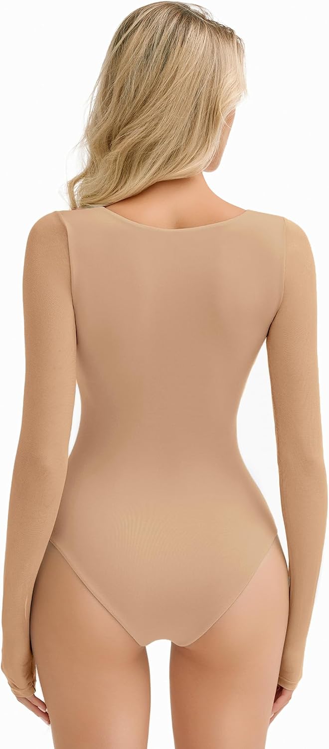 Avidlove Women's Long Sleeve Bodysuits Square Neck One Piece Body Suit Mesh Leotard Tops Double Lined Soft