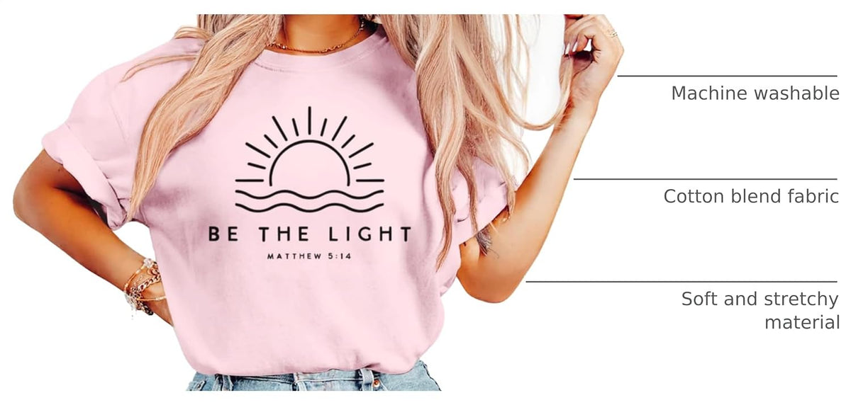 Sulayesh Christian Be The Light Shirts for Women Bible Verse Shirts Jesus Religious Faith Tshirts Inspirational Tees Tops.