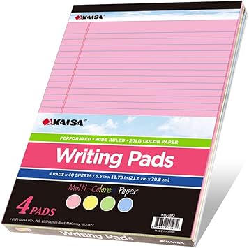 KAISA Colored Legal Pad Writing Pads 8.5x11 inch, Wide Ruled, 40 SheetsPad, 20lb Colored Paper, Perforated Writing Pad with Sturdy Back (4 Pads), KSU-5972