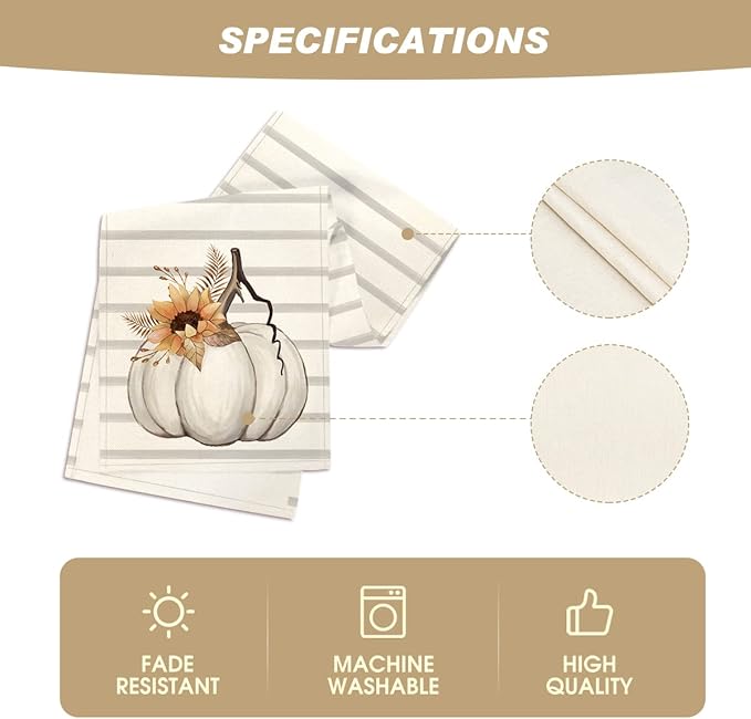 Artoid Mode Stripes Pumpkin Sunflower Leaves Fall Table Runner, Seasonal Autumn Kitchen Dining Table Decoration for Outdoor Home Party 13x72 Inch