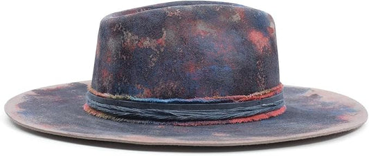 RUEDIGER Wide Brim Fedora Hats for Men Women 100% Wool Felt Panama Rancher Hat with Lightning Logo Distressed/Burned Handmade