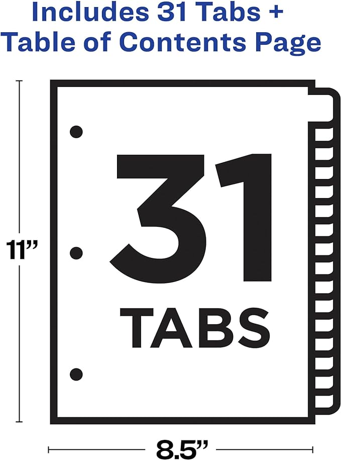 Avery 1-31 Tab Dividers for 3 Ring Binders, Customizable Table of Contents, Multicolor Tabs, 1 Set (11129)
